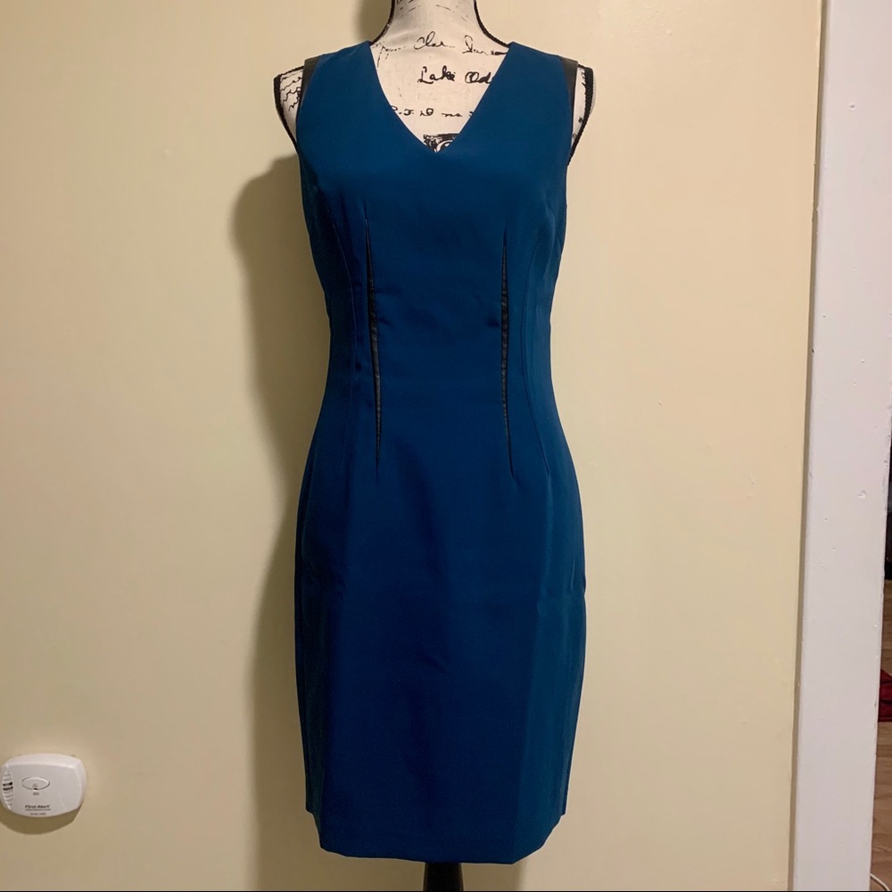 T Tahari Teal Dress with Faux Leather Piping 4